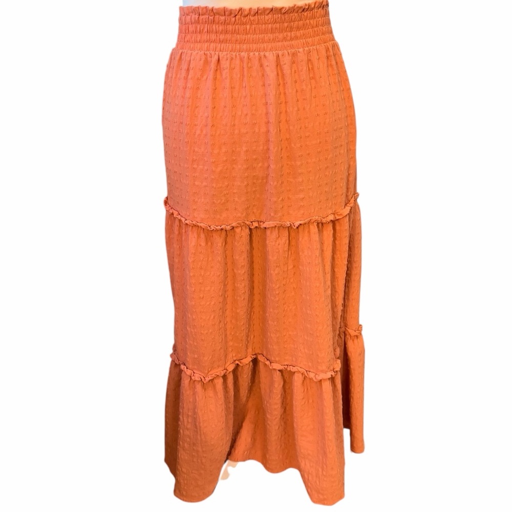 LOFT Skirt Tiered Orange Midi Elastic Waist Boho Festival Hippie Peasant Sz XS